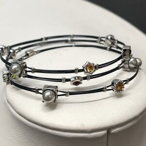 3 pc Black Stainless Steel Wire Rhinestone Faux Pearl Stacking Bracelet Bangle